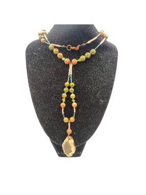 Unakite Bead Necklace Agate Slice Pendant Boho Statement 23" Natural Boho Art